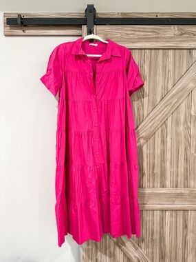 Women's Button-Front Tiered Shirt Dress - Bright Pink